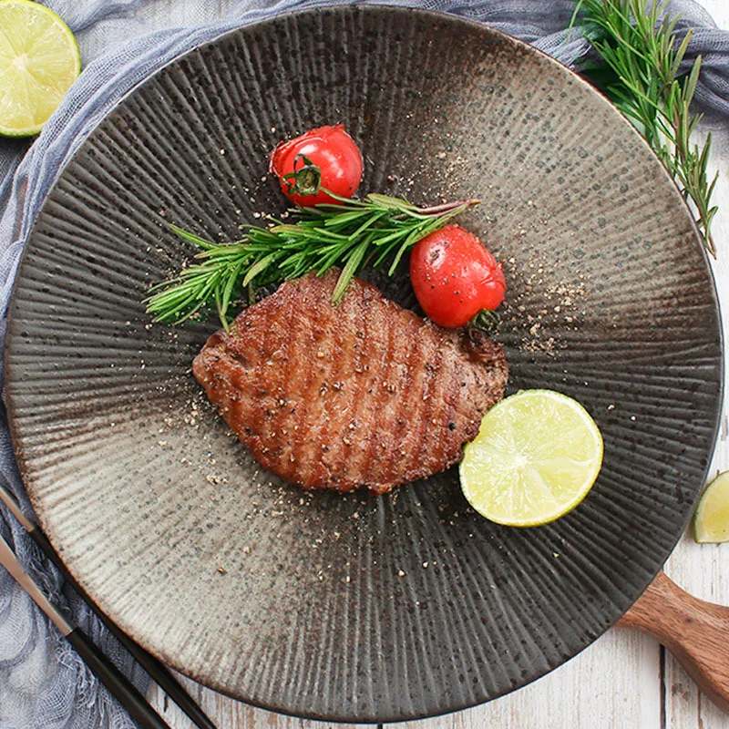 

8/10 Inch Japanese Retro Ceramic Food Dish Flat Plate Pottery Round Dish Dinnerware Dropshipping Wholesale Dishes Tableware Set