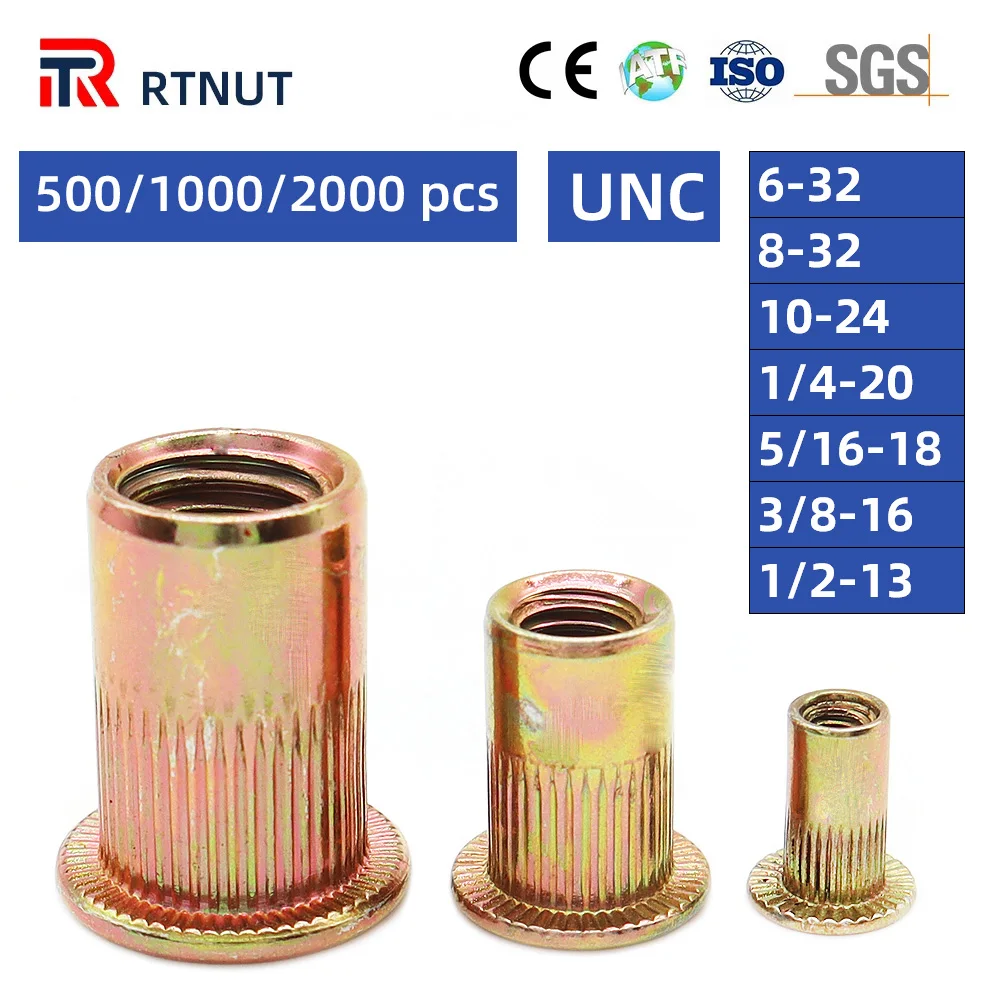 

200/1000PCS Rivet Nut Flat Head Knurled Body 1/4 5/16 3/8 1/2 UNC Carbon Steel Rivnut Insert Nutserts Threaded Nut Wholesale