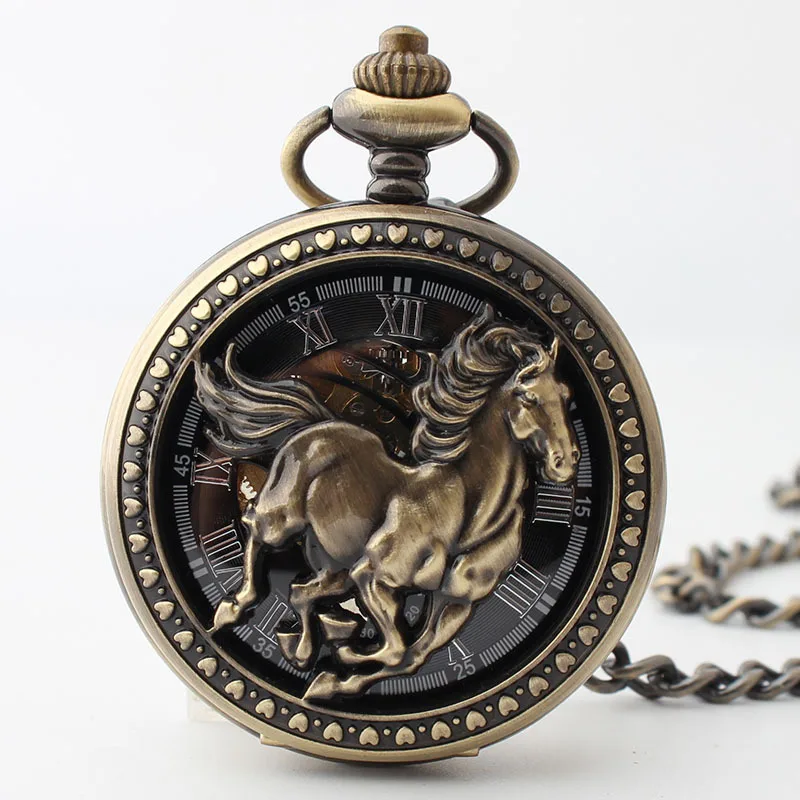 

5 Pieces Luxury Vintage Horse Skeleton Mechanical Pocket Watch for Men Male Engraved Roman Numeral Dial Man Fob Chain Man Clock