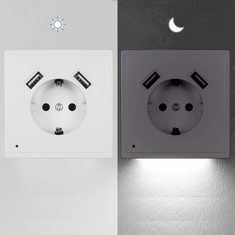 

New USB Wall Socket With Sensor Night Light Double USB 5V2A Free Shipping EU Standard Phone Charger XJ11