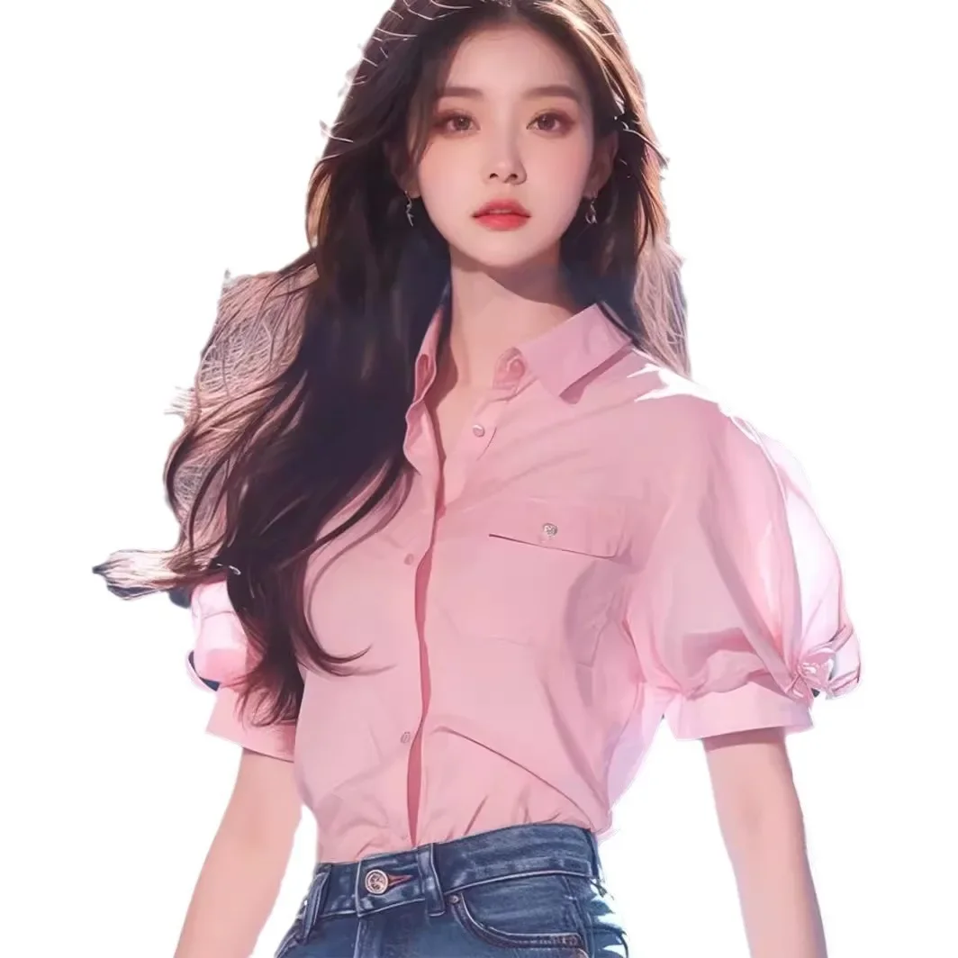 Chic Pink Bubble Sleeve Shirt Women's Summer New Style Button Decorated Casual Fashionable Top for Ladies in 2022 |