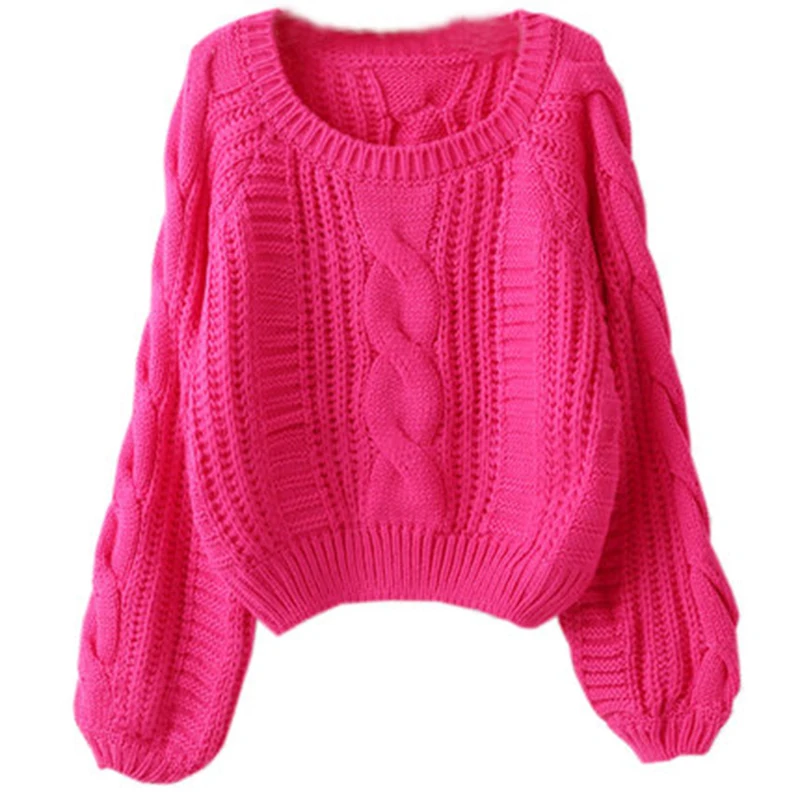 

New Winter Women Sweater And Pullovers Female Twisted Coarse Wool Short Lantern-Sleeved Loose Knitted Outwear Tops 0.38KG