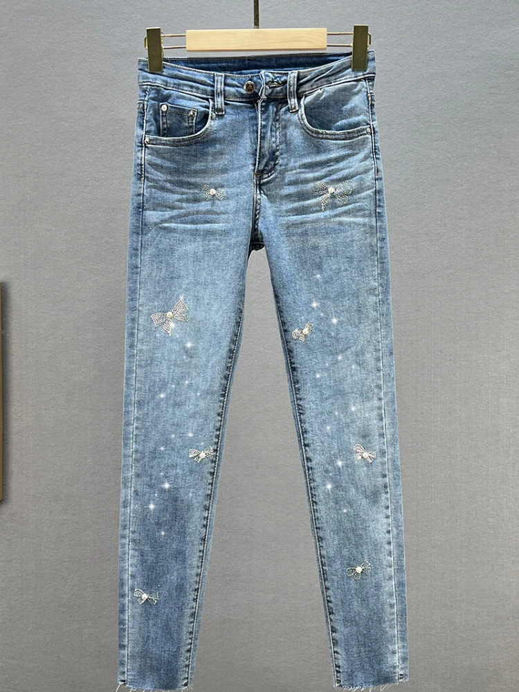 Beaded Jeans for Women 2022 Spring/Summer New Cotton Elastic Slim Pencil Pants Hot Girls Skinny Denim Pants Woman Jean Trousers