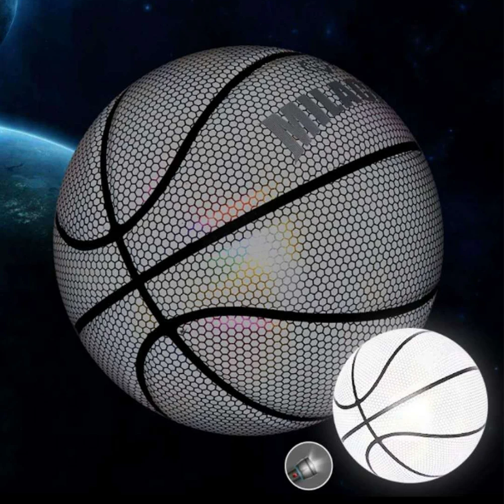 

Sports Color Cool Night Glow Basketball Reflection Holographic Luminous #7 Basketball Outdoor Basketbol With Pin Gas Cylinder