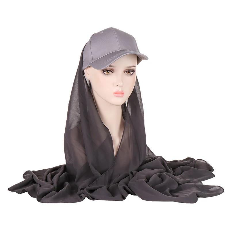 2 In 1 Chiffon Hijab Scarf Sports Baseball Cap Scarf with Shawl Summer Outdoor Muslim Women Accessories Islamic Head Scarf