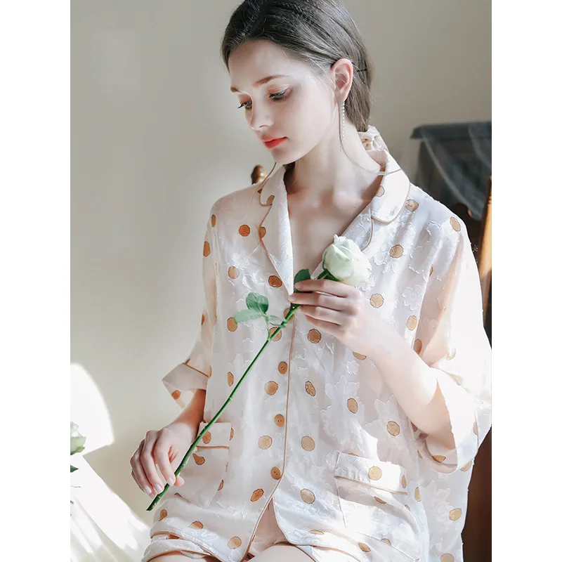 Pajamas women's short-sleeved two-piece ice silk retro jacquard tassel silk sleepwear set pajamas for women