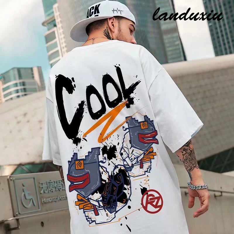 

Landuxiu Summer Fashion Print T Shirts Men Short Sleeve Tee High Street Harajuku Cotton Tees Hip Hop Streetwear Casual Clothing