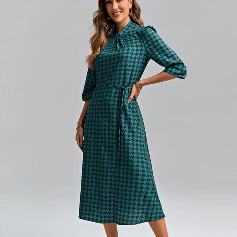 

Женское Повседневное платье-футболка с принтом, элегантное Зеленое Длинное Платье с V-образным вырезом, рукавом до локтя и поясом, летние платья-миди с высокой талией, платье XL