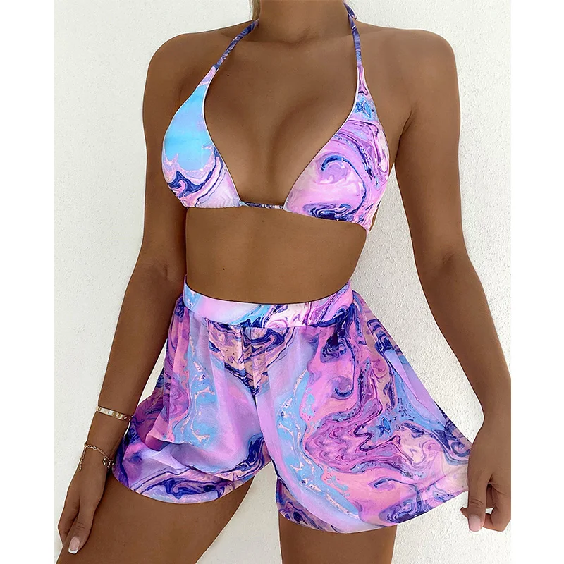 

Print Bikinis 2021 Triangle Swimwear Women Halter Bathing Suit Shorts Lace Up Swimsuit Sexy Push Up Bikini Set Mujer Beach Wear
