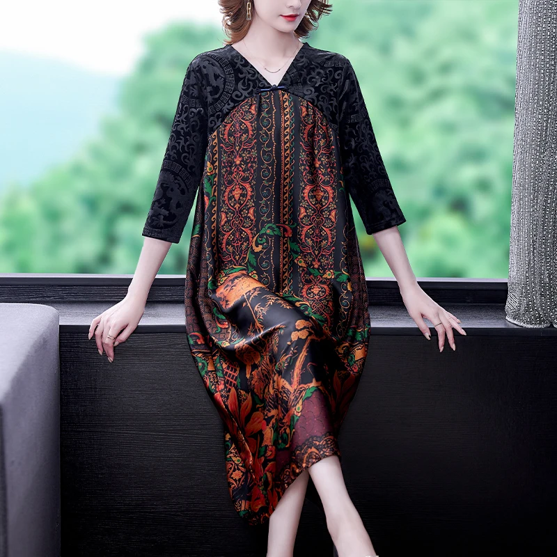 Women High Quality Natural Silk Midi Dress Summer Fashion Light Loose Dress 2022 New Korean Elegant Evening Robe Velvet Dress