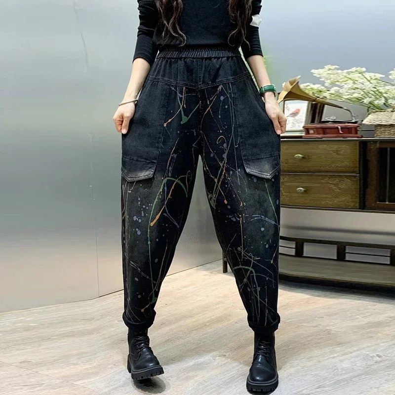 

2023 Autumn New Arts Style Women Elastic Waist Casual Cotton Denim Harem Pants Vintage Print Loose Ankle-length Jeans