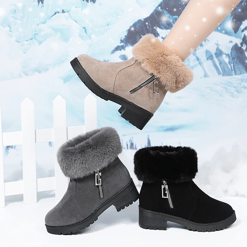 

Теплые меховые сапоги для снежной погоды, женские классические сапоги с пряжкой, Черные ботильоны на платформе и высоком каблуке, зимняя же...