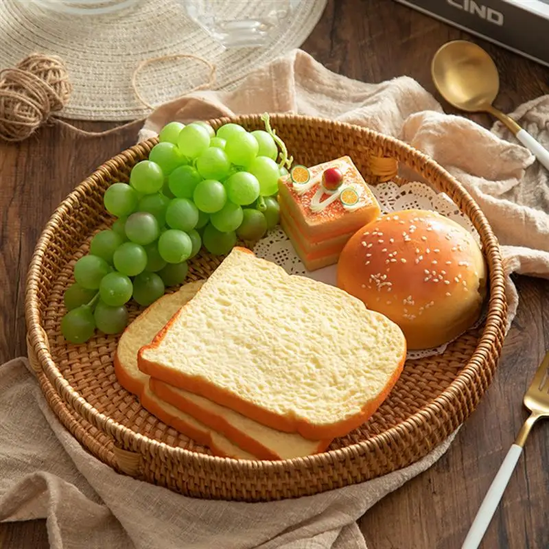 1Pc Vietnam Rattan Basket Tray Hand-Woven Storage Bread Living Room Fruit Plate Tea Withe Handle |