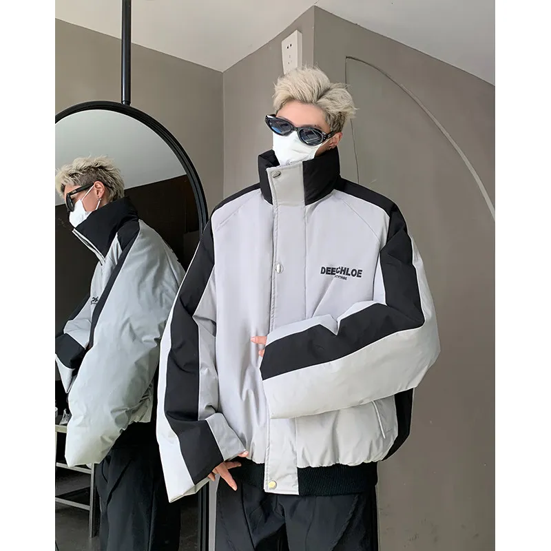 Color Matching Loose Winter Warm Outerwear Korean Fashion Men's Jacket Youth Lapel Cotton-Padded Coat Thickness ...