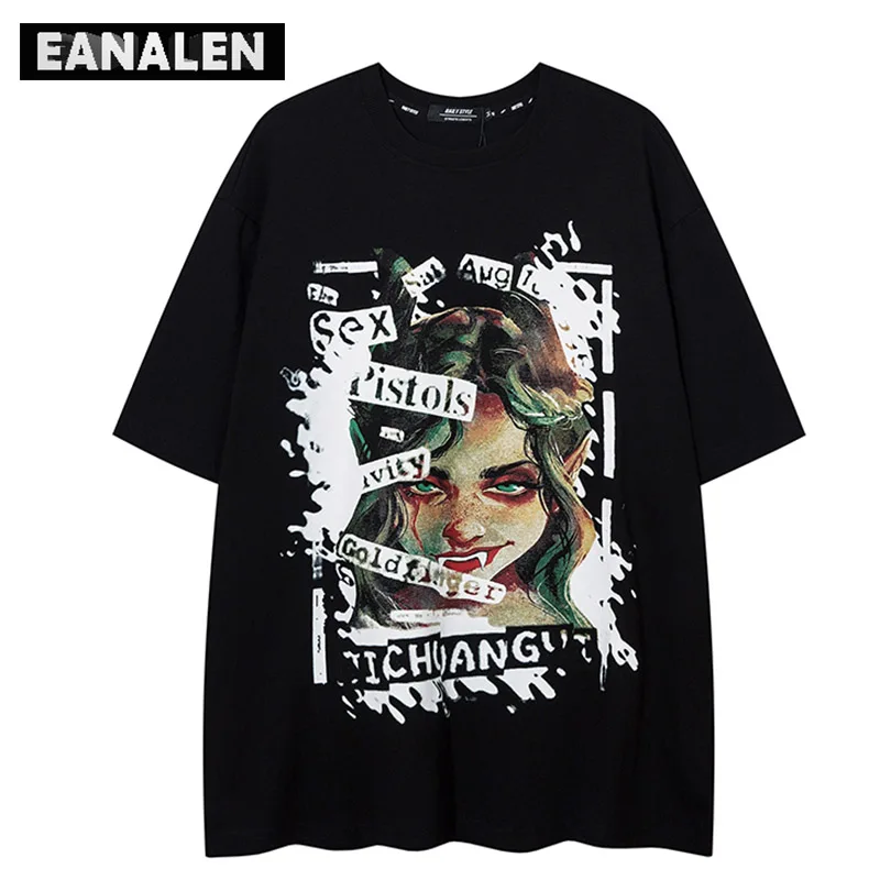 

Harajuku Vintage demon girl pattern T-shirt men's goth rock punk summer oversized abstract graffiti short sleeve T-shirt women's