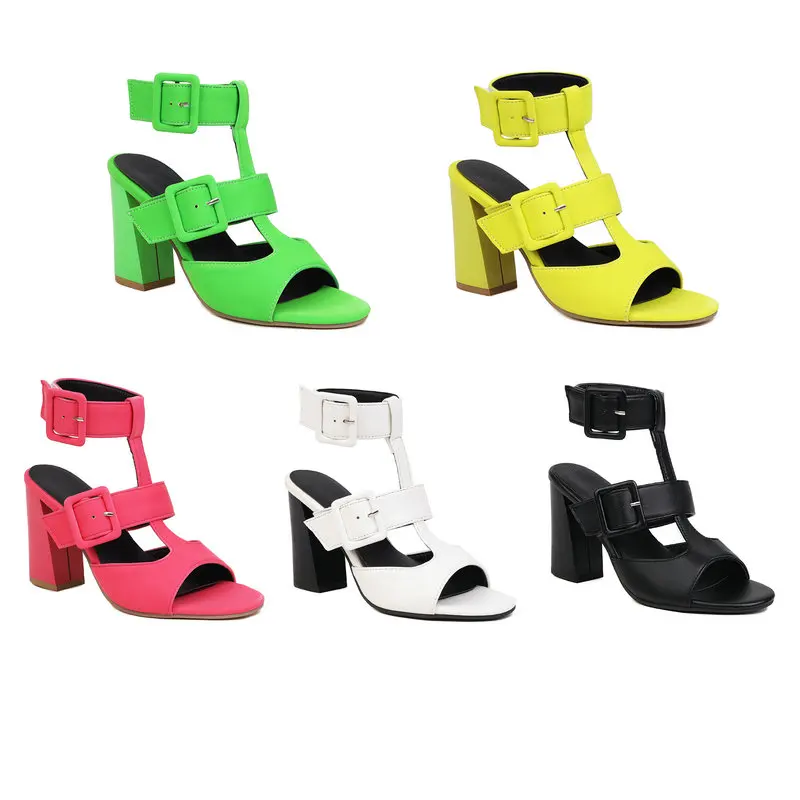 Neon Yellow Green Color Buckle Strap Sexy Designer Womens Summer Shoes Open Toe Block High Heels Party Dress Pumps Lady Sandals images - 6