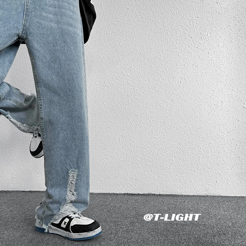 Summer Blue Ripped Baggy Jeans Men's Fashion Casual Straight Jeans Men Streetwear Hip Hop Loose Hole Denim Pants Mens Trousers