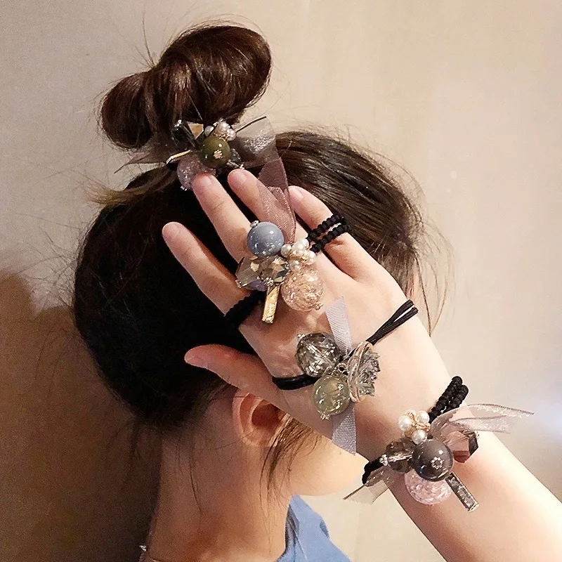 

New Women Cute Hair Tie Female Korean Style Pearl Crystal Lace Hair Bands Fashion Scrunchies Turband For Girls Hair Accessories