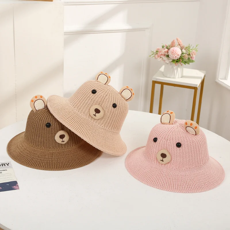 

Korean Version Cute Knitted Bear Bucket Hat Outdoor Cartoon Breathable Fisherman Hats Baby Sun Hat Children Casual Sun Cap