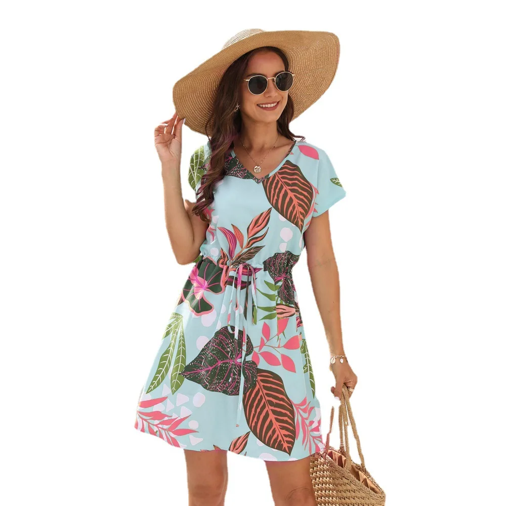 

2023 Summer Women Fashion Sexy Floral Print Drawstring Mini Dress V-neck Short Sleeve Vacation Casual Loose Korean Vestidos