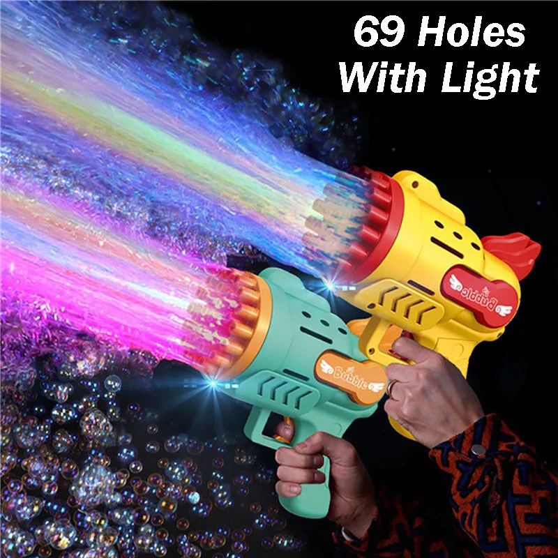 

Bubble Gun Rocket 69 Holes Soap Bubbles Machine Christmas Gift Gun Shape Automatic Blower With Light Pomperos Toys For Kids