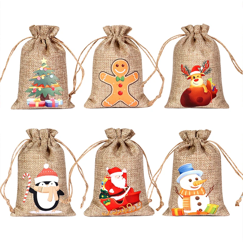 

5pcs/Lot Burlap Jute Santa Sack 13x18cm Jewelry Drawstring Pouch Santa Claus Christmas Gift Bags Xmas Tree Hanging Candy Bag