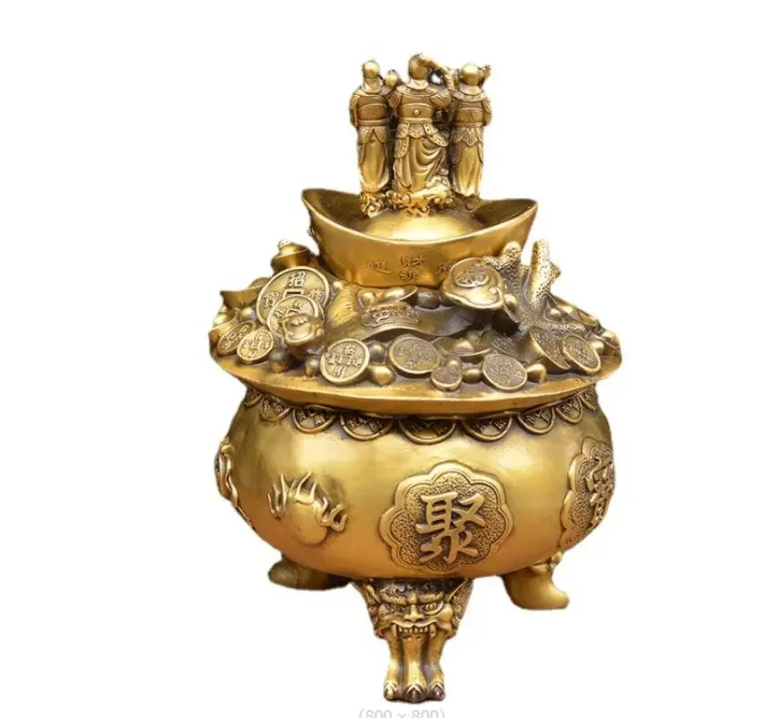 

Brass large five-way god of wealth treasure basin, incense burner, embossed craft, bronze ornaments