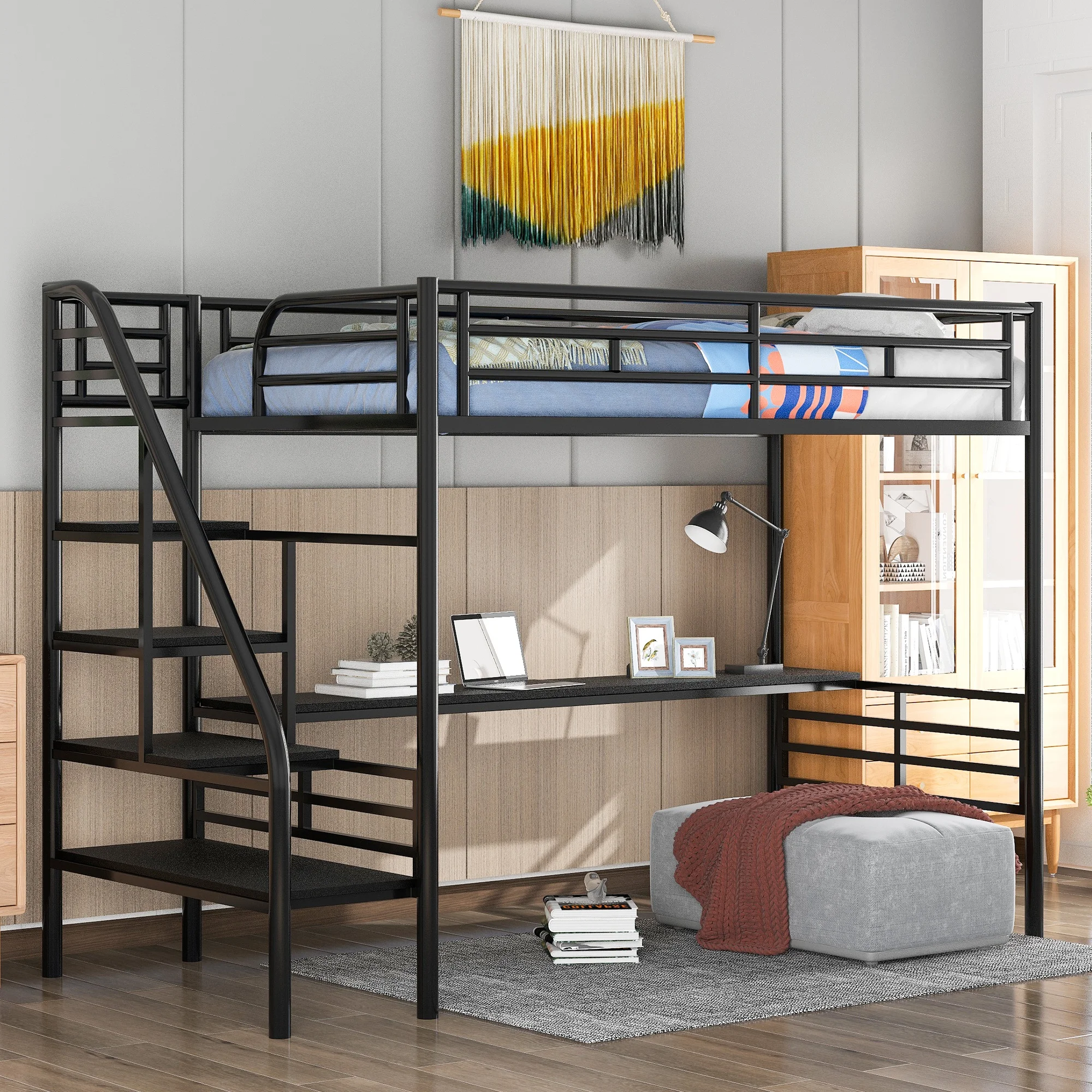 

Home Modern Wooden Furniture Bedroom Furniture Beds Frames Bases Metal Loft Bed Frame With Desk No Box Spring Needed Twin Black