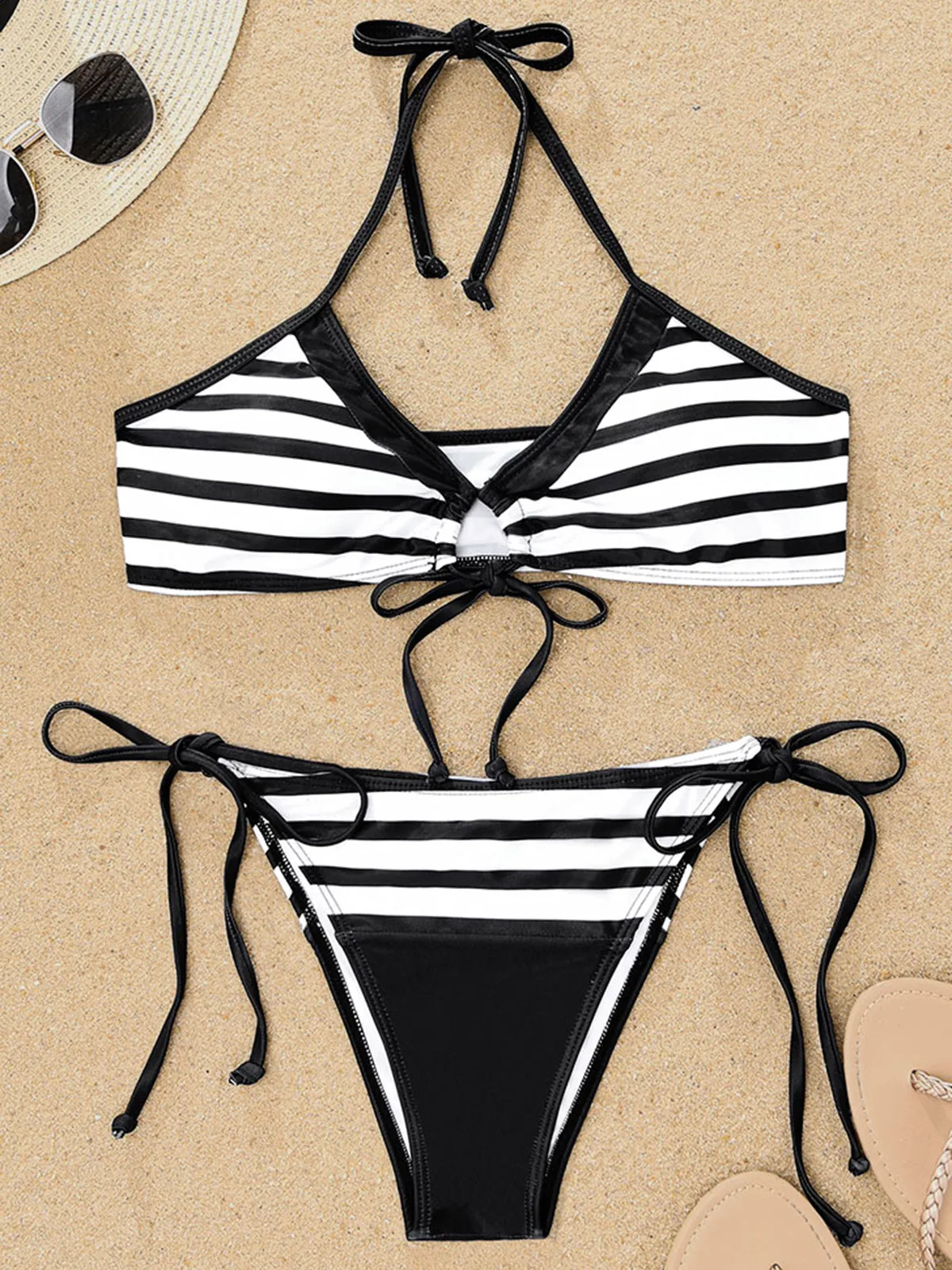 Women'S Striped Halter Tie Bikini Set Swimsuit Sexy Beach Bra Thong Set 2023 Summer New Swimsuit Female Breathable