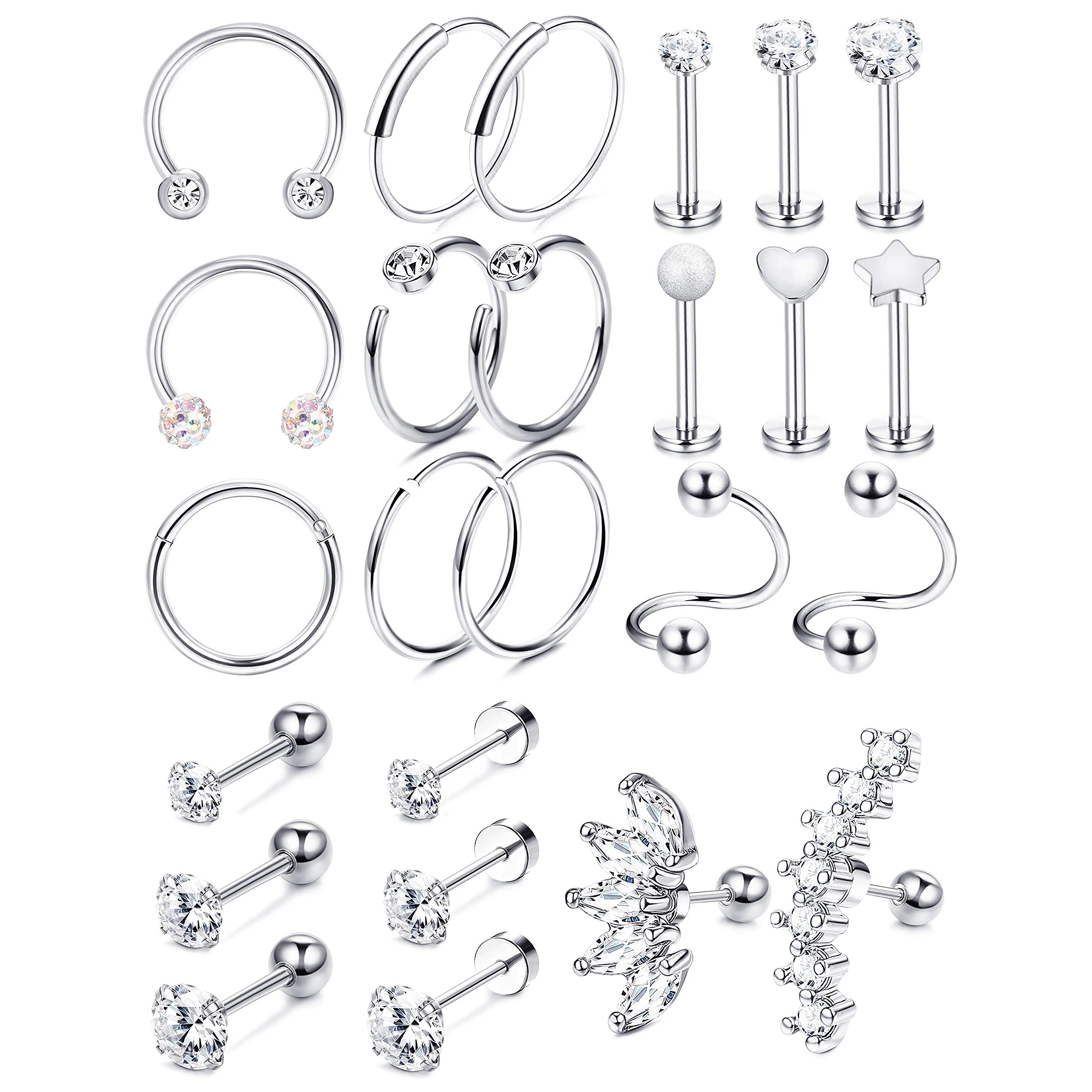 

25Pcs Cartilage Earrings Hoop Studs for Women 16-20G Labret Flat Ball Back Earrings Daith Tragus Helix Earrings