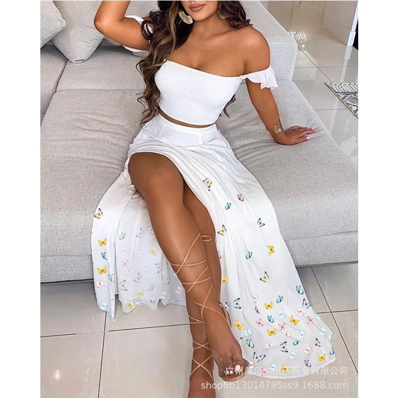 

Off Shoulder Crop for Women Floral Print Outfits Skirt Set Ladies Elegant Top + High Waist Split Long Skirt Two Piece Set