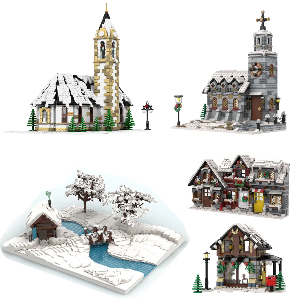 

Рождественский дом MOC из снежинок, набор строительных блоков для зимней деревни, снеговик, церковное дерево, Озерное дерево, кирпичи, игрушк...