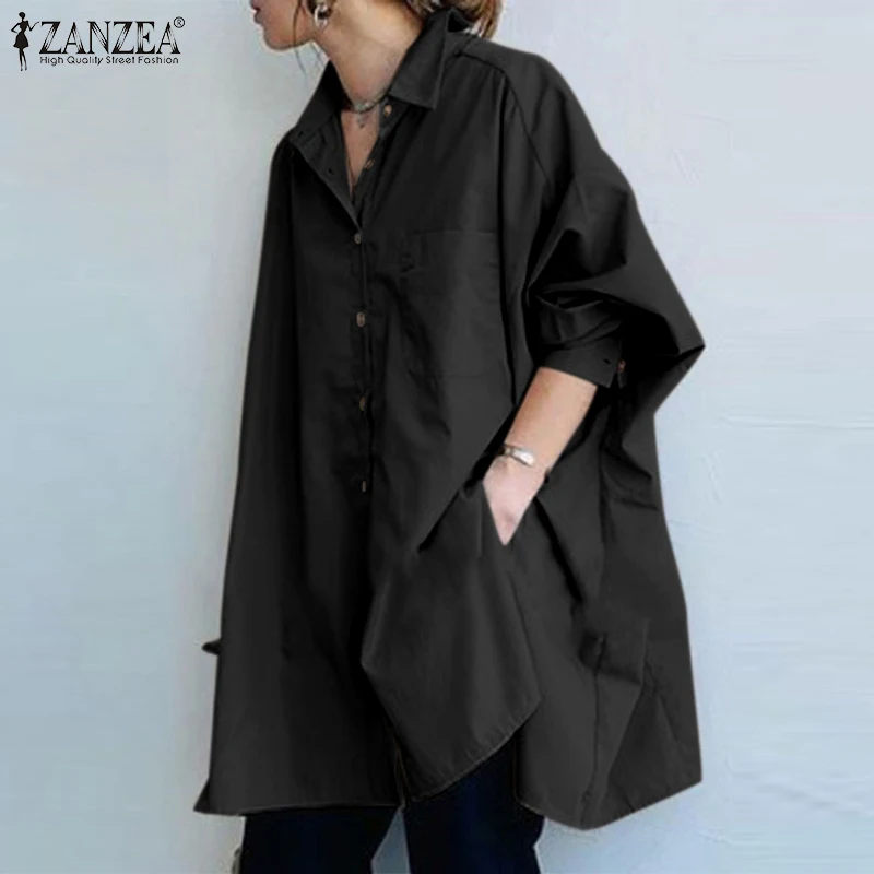 

Женская Однотонная рубашка ZANZEA 2022, Свободная Повседневная Блузка с длинным рукавом и отложным воротником, весенние праздничные офисные топ...
