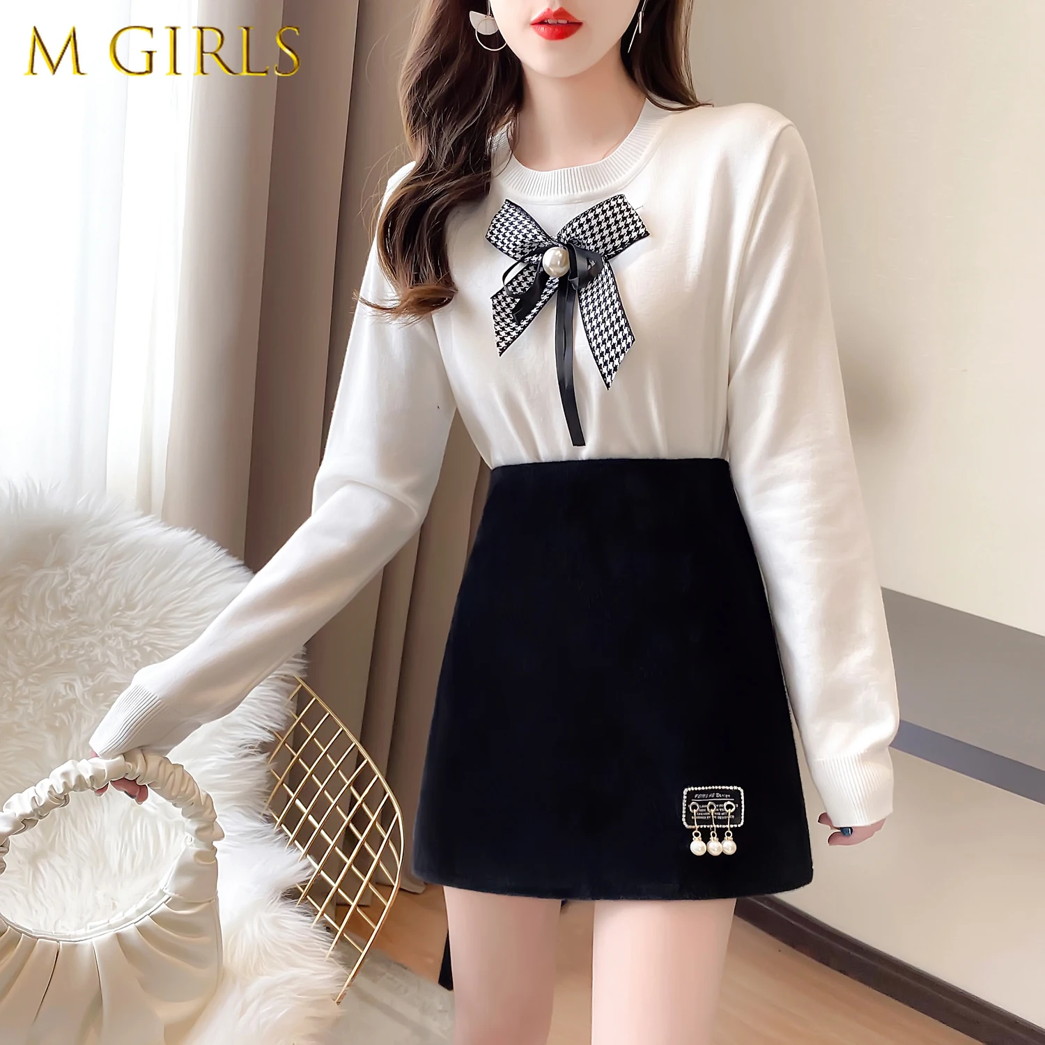 Sweet Ladies Three-dimensional Bowknot Knitted Sweater Blouse + Beaded Black Skirt Two Piece Set Women's Outfits Fall Winter New
