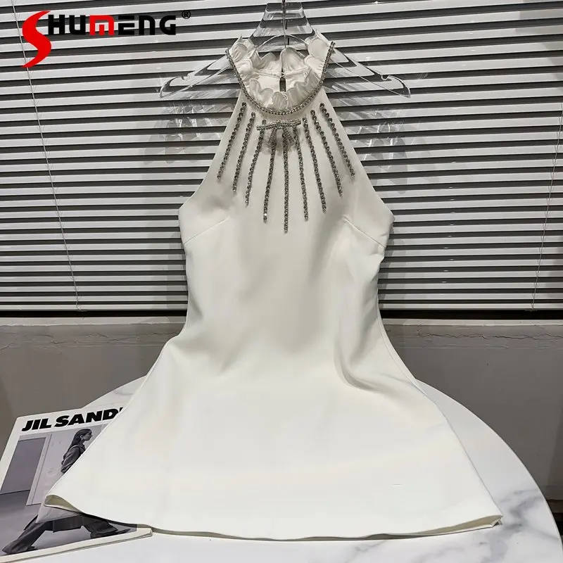 

2023 Summer Women's Sleeveless White Dress New Vertical Diamond Beaded Halter Lace Collar Temperament Socialite Dress