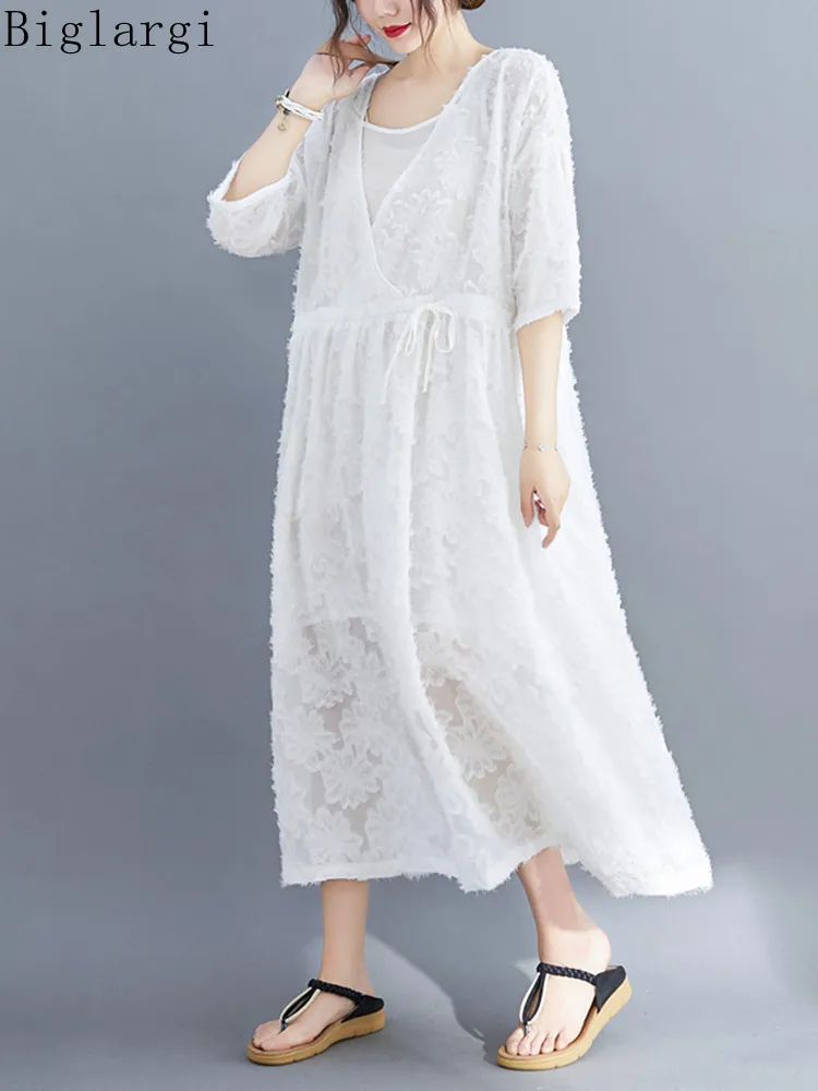 

Oversized Chic Flower Embroidery Fairy Dress Summer Woman Loose Casual Women Korea Big Size 2022 New Dresses Cotton Long Dress
