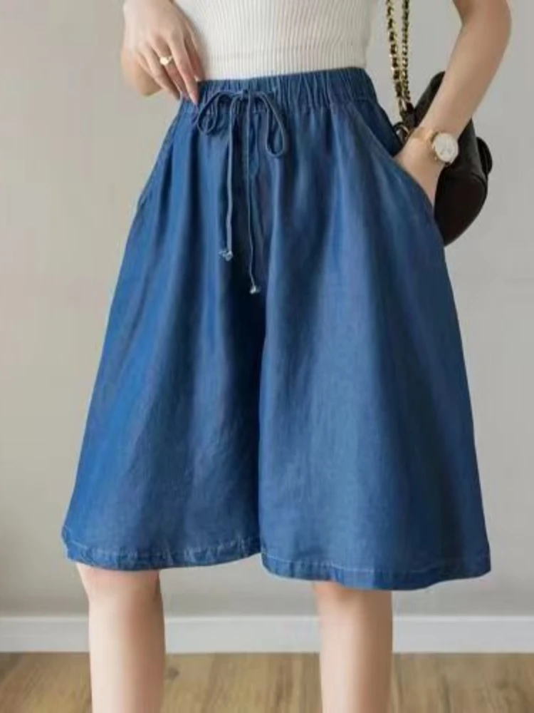 

2023 New Summer Women Fashion High Waist Blue Wide Leg Imitation Denim Shorts Casual Female Solid Streetwear Oversize Shorts