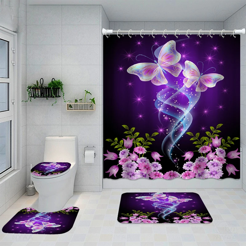 

Butterfly Flowers Waterproof Shower Curtain Non-Slip Mat Rug Carpet Toilet Seat Cove Polyester Washable Bathing Bathroom Decor