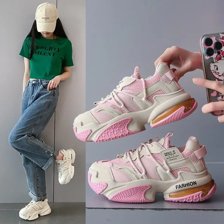 

Muffin Daddy Shoes Women's 2023 Summer and Spring New Style Pink Lace-up Platform Height Increasing Sports Casual Shoes