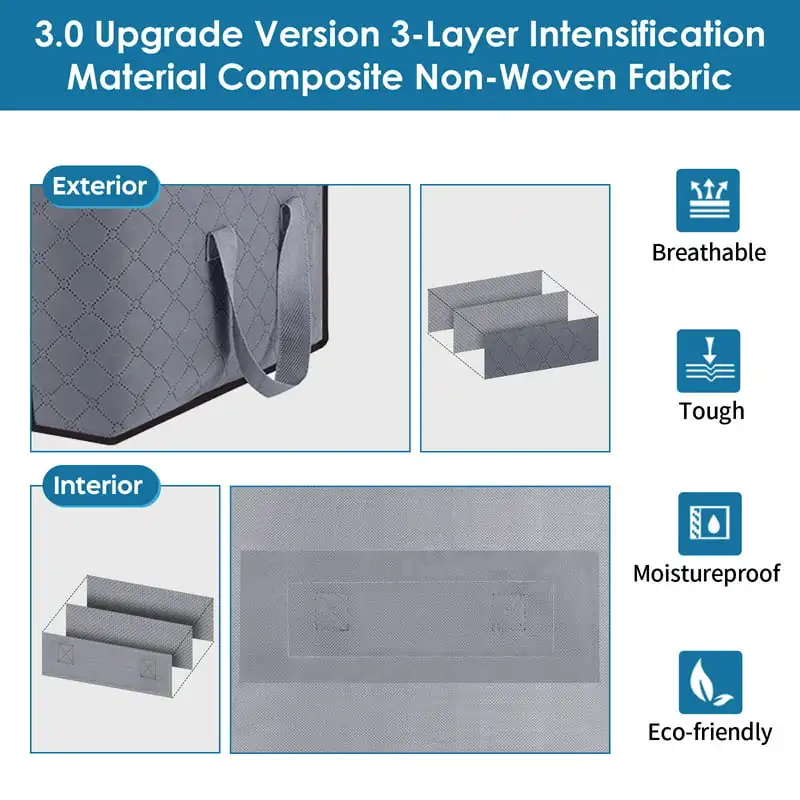 Reinforced Large Capacity Fabric Handles Dark Grey 4 Pack Organizers with Sturdy Stainless Steel Zippers for Clothing, Comforter