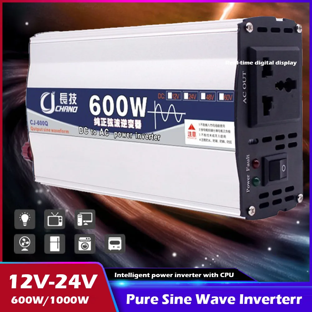 

600W 1000W Pure Sine Wave Car Power Inverter DC 12V 24V To AC 220V Power Converter Adapter Surge Protection Home Travel Inverter