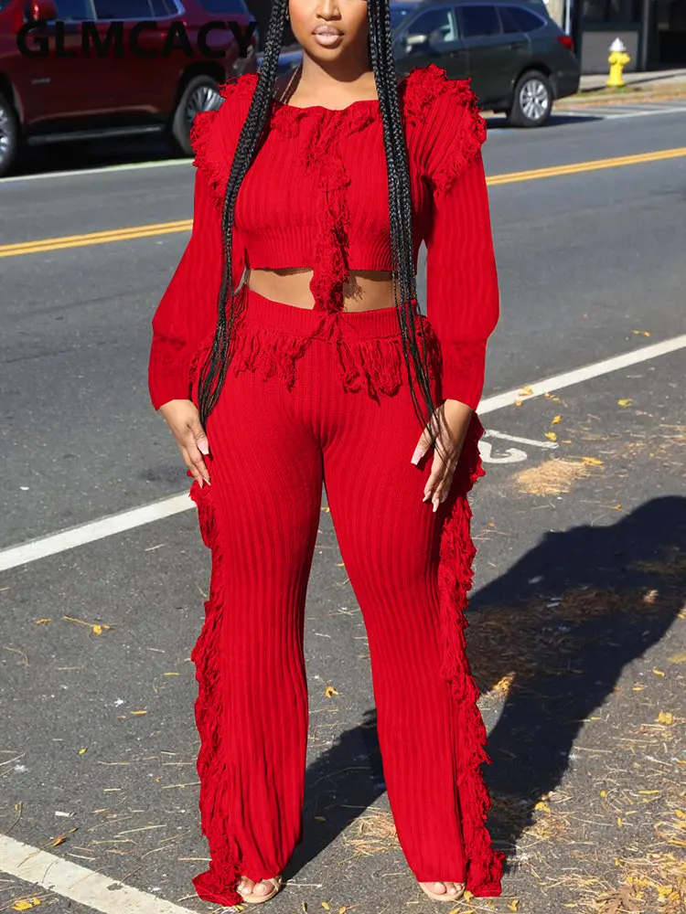 

Women Two Piece Tassels Detail Knitted Suits Long Sleeve Crop Top Sweater & Slim Pants Set