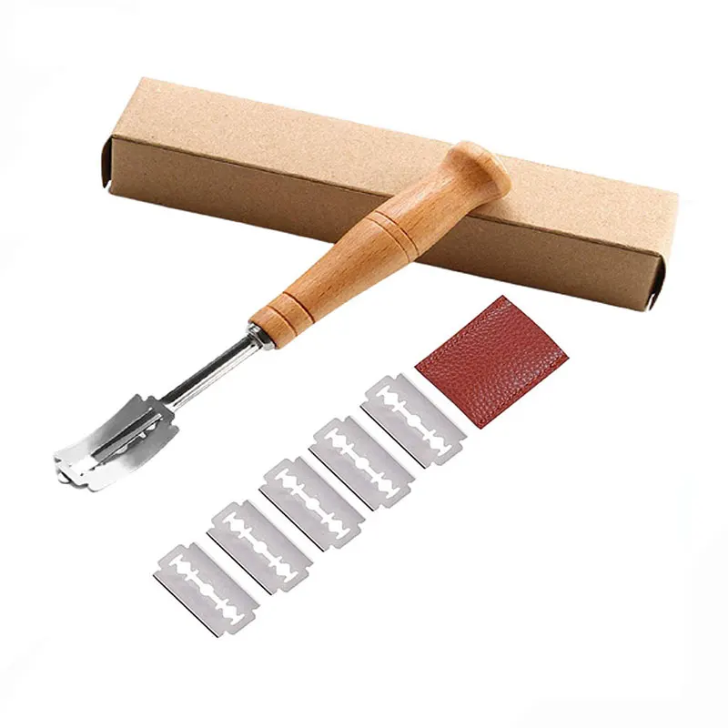 

Specialty Bread Arc Curved Knife Wood Handle with 5Pcs Replacement Blades Western Baguette Cutting French Toast Bagel Cutter