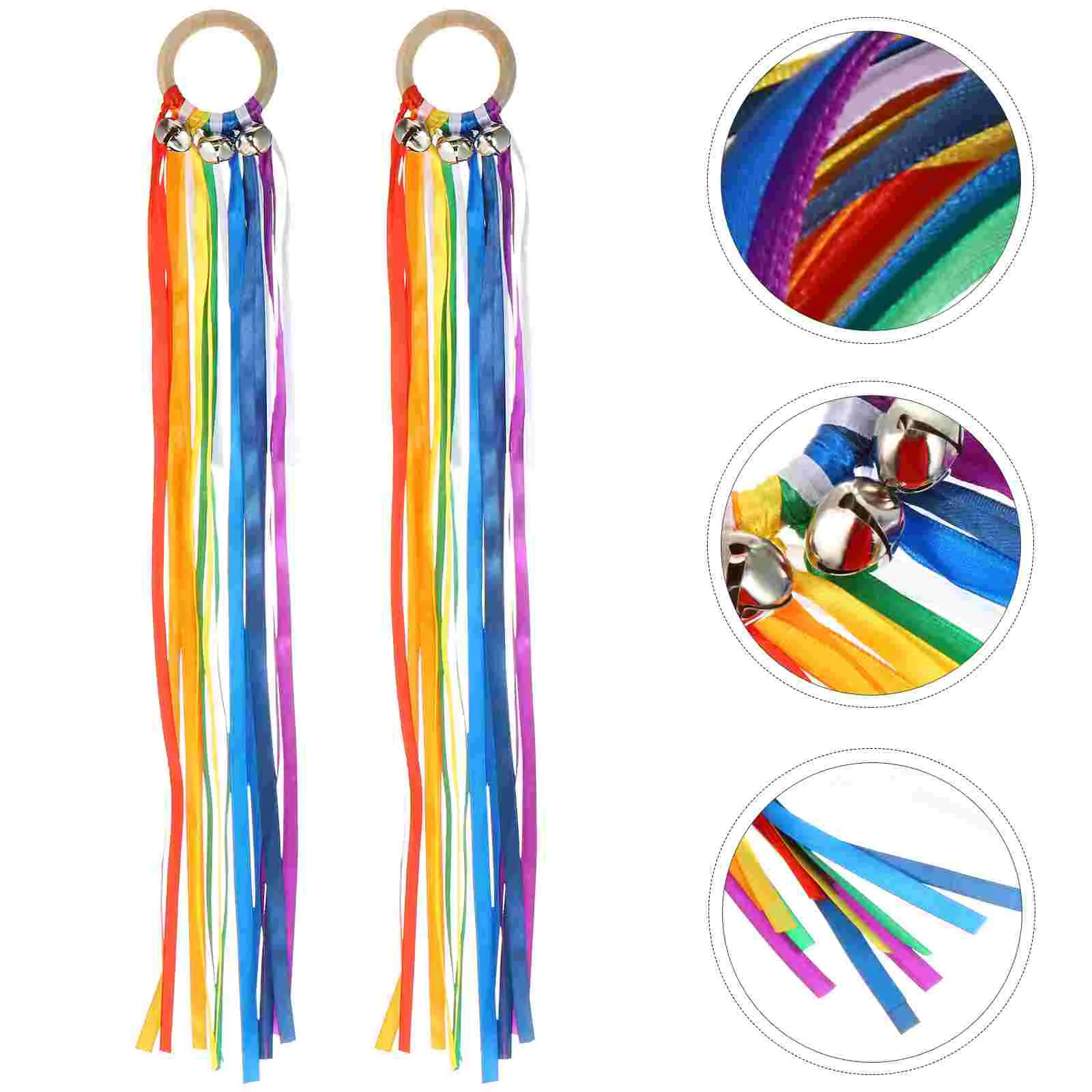 

2 Pcs Rainbow Ribbon Bells Colorful Toys Rattles Wood Baby Infant Developmental Playthings Musical Instrument Gifts