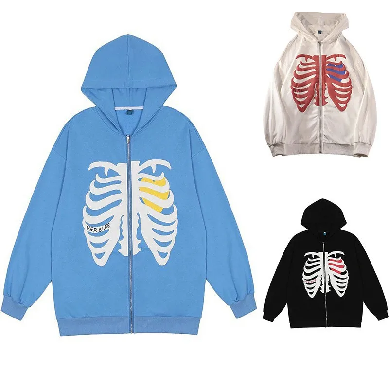 

Fashion Skeleton Hoodies Women Gothic Black Zip Up Oversized Sweatshirt Ladies Retro Harajuku Hooded Jacket Streetwear