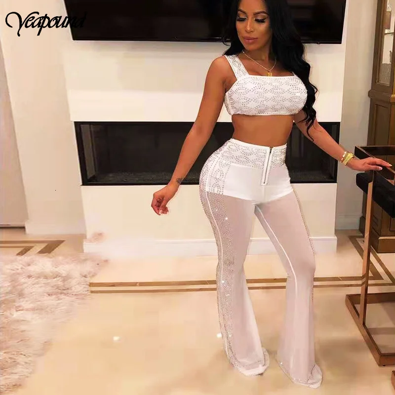 

Sexy Sheer Mesh 2 Piece Set For Women Sleeveless Tops + Pants Perspective Club Two Piece Set Female Wrap Chest Gauze Zipper Set