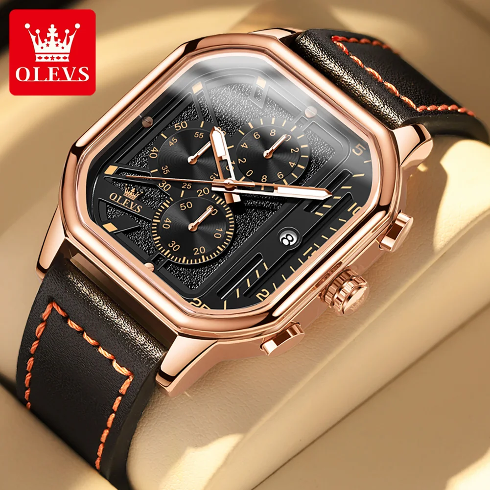 

OLEVS 9950 Leather Strap Quartz Watch for Men Classic Three Small Dials Fashion Chronograph Sports Watch Luxury Men's Wristwatch