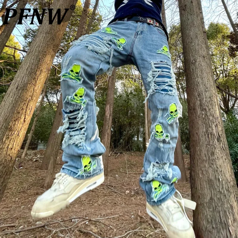 

Мужские джинсы с вышивкой PFNW, повседневные Прямые джинсы с дырками, свободного покроя, в стиле пэчворк, для весны и осени, 28A1002