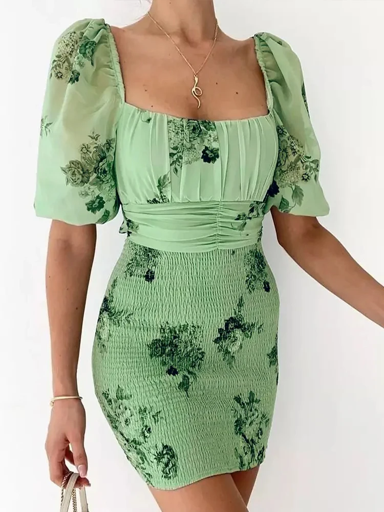 

Летние платья Shein Romwe 2022 для женщин, облегающее платье с пышными рукавами и цветочным принтом, с вырезом и рюшами, повседневное мини-платье