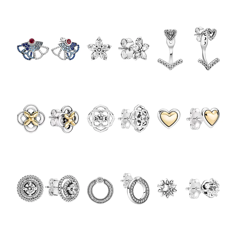 Silver 925 Original Ear Piercing Stud Earrings For Women Jewelry Fan Snowflake Wishbone Heart Flower Rose Petal Halo Circle Star